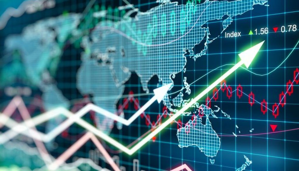 Business chart with glowing arrows and world map